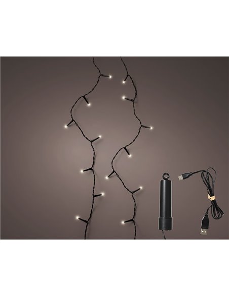 Multifunction outdoor LED string with battery, 100 LEDs, cold light, and a 7.4 m black cable.