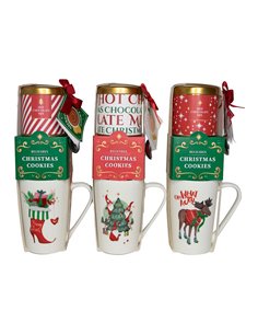 Tasse de Noël avec biscuits et mélange de chocolat chaud. 3 modèles assortis.