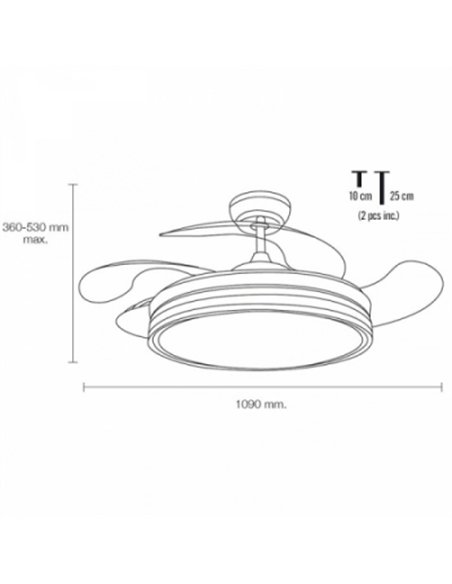 VENTILADOR TECHO 4 ASPAS PLEGABLES 109cm 36w MOTOR DC CALIMA NIQUEL
