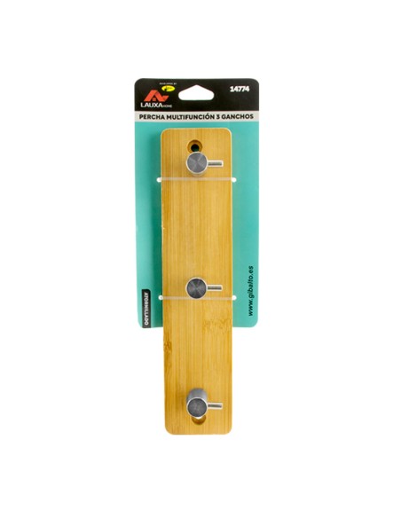 PERCHA MULTIFUNCION ATORNILLADA BAMBÚ + INOX 3 GANCHOS LAUXA HOME