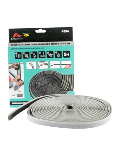 BURLETE AISLANTE CON CEPILLO AUTOADHESIVO 5M - 13 X 6 MM