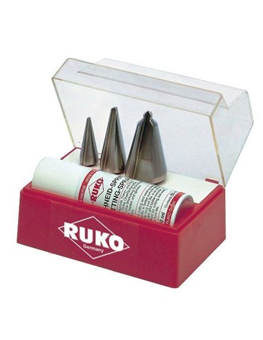 Ruko-101009-Juego 3 brocas cónicas HSS + Spray de corte 50 ml