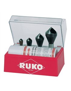 Ruko-102310E-Juego de 4 avellanadores-desbarbadores HSS-Co 5 + spray de corte 50 ml