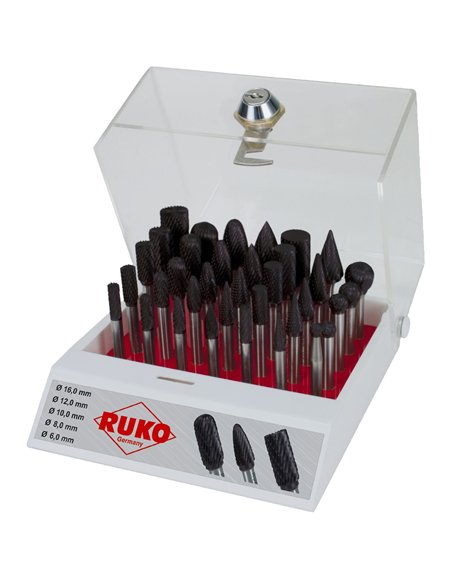 Ruko-116008TC-Surtido de 35 fresas de metal duro TiCN con vástago de 6 mm en vitrina de plástico