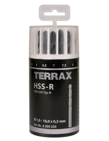 Terrax-A205225-Juego de 19 brocas DIN 338 tipo N HSS laminadas