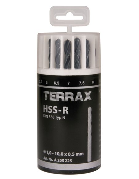 Terrax-A205225-Juego de 19 brocas DIN 338 tipo N HSS laminadas