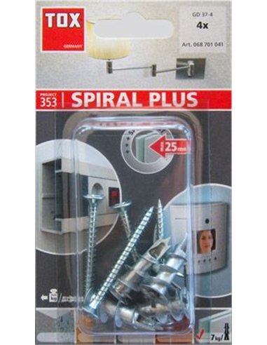 Tox-068701041-Blíster de 4 tacos para cartón-yeso GD SPIRAL PLUS 37 mm + tornillo