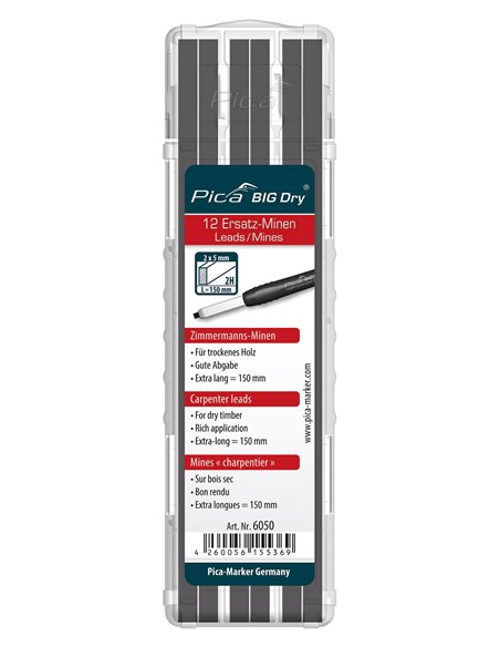 Pica-6050/SB-Estuche con 12 minas de carpintero BIG-Dry de grafito 2H (blister)