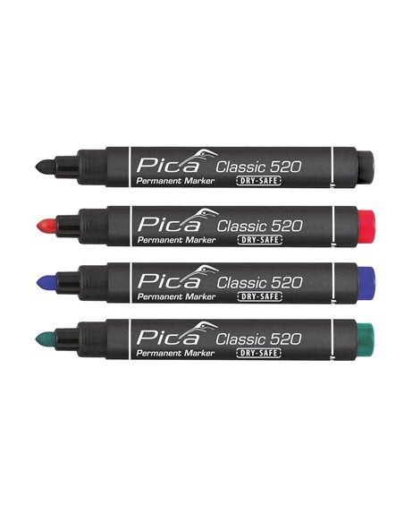 Pica-520/04-Estuche con 4 marcadores permanentes punta tipo bala (Azul+Rojo+Negro+Blanco)