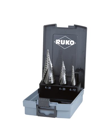 Ruko-101026RO-Juego de 3 brocas escalonadas HSS estriado en espiral, tamaños 0/9, 1, 2 en estuche de plástico
