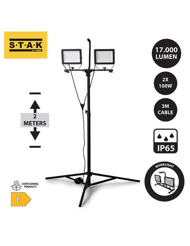 STAK-ST755NG-2 Focos LED sobre Trípode, 2 x 100W, 17.000 Lumen Cable 3m, IP65 MINOS