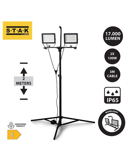 STAK-ST755NG-2 Focos LED sobre Trípode, 2 x 100W, 17.000 Lumen Cable 3m, IP65 MINOS