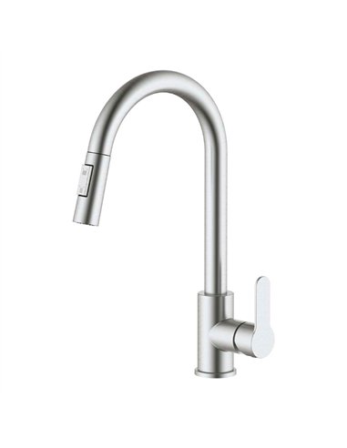Grifo monomando de cocina caño alto extraíble plateado mate serie miño