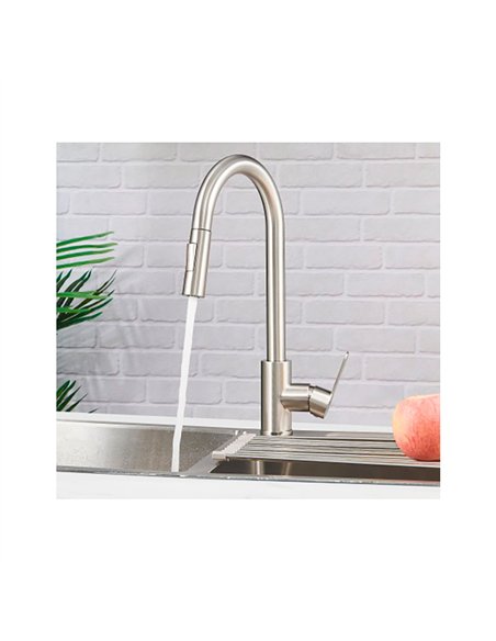 Grifo monomando de cocina caño alto extraíble plateado mate serie miño