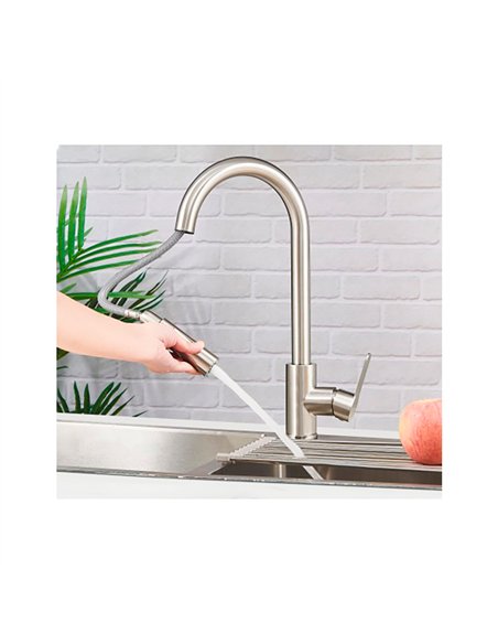 Grifo monomando de cocina caño alto extraíble plateado mate serie miño