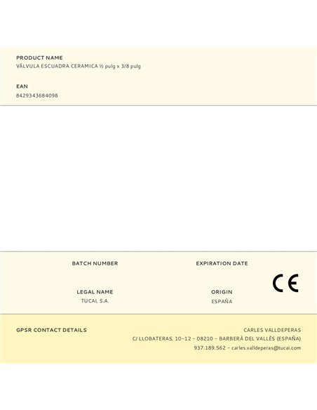 Válvula escuadra cerámica ½ pulg x 3/8 pulg