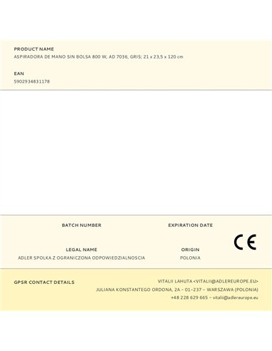 Aspiradora escoba ad 7036 con cable, sin bolsa, 800 w