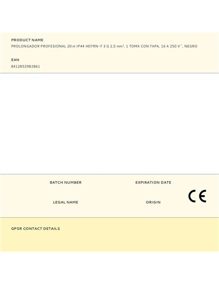 Prolongador profesional 20 m, ip44, h07rn-f 3 g 2,5 mm², 1 toma con tapa, 16 a 250 v~, negro