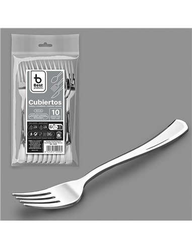 Tenedor reutilizable color plata 18,5 cm, 10 uds
