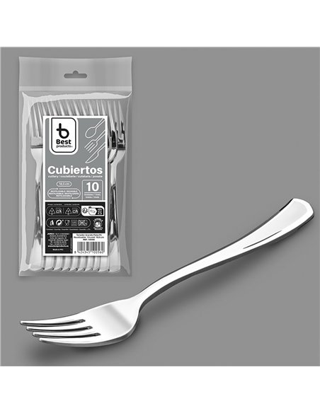 Tenedor reutilizable color plata 18,5 cm, 10 uds
