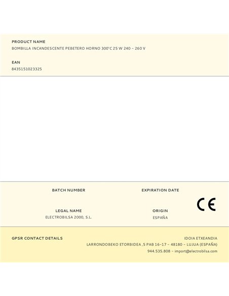 Bombilla incandescente pebetero horno 300°c 25 w 55 lm 240 - 260 v