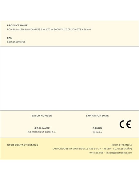 Bombilla led blanca gx53 6 w 670 lm 3000 k luz cálida ø73 x 26 mm