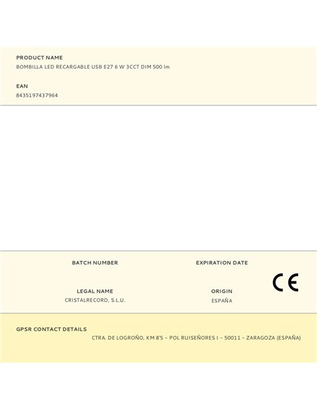 Bombilla led, recargable usb, e27, 6 w, 3cct, dimmable, 500 lm