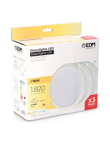 Pack 3 downlights led 18w luz día 4000 k