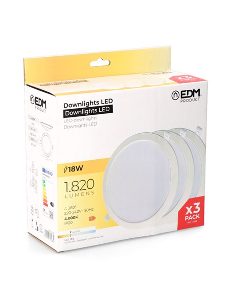 Pack 3 downlights led 18w luz día 4000 k
