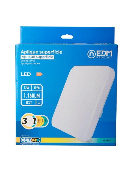 Aplique led cuadrado extraplano de superficie 12 w 3cct 1160 lm 28,5 x 28,5 x 6 cm