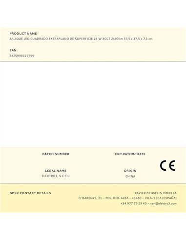 Aplique led cuadrado extraplano de superficie 24 w 3cct 2490 lm 37 x 37 x 6,7 cm