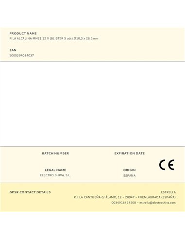 Pila alcalina mn21 12 v ø10,3 x 28,5 mm blister 5 uds