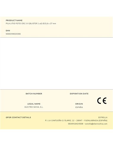 Pila litio cr2 3 v ø15,6 x 27 mm blister