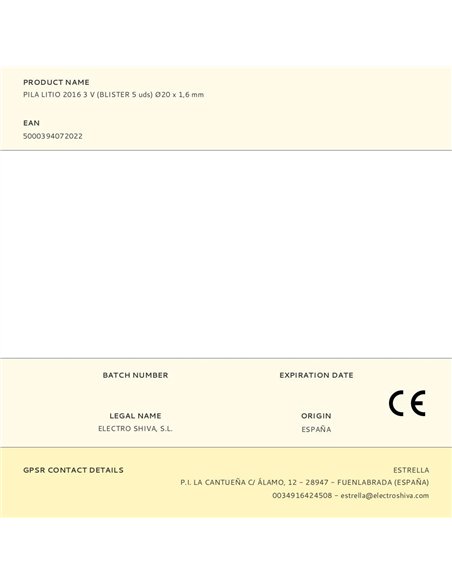 Micro pila de botón litio cr2016 3 v ø20 x 1,6 mm blister 5 uds