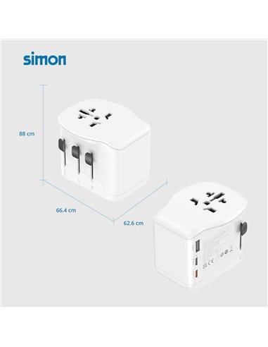 Adaptador viaje universal + 3 usb (1a+2c) 65 w