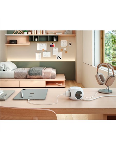 Base múltiple combiball con 3 tomas schuko 16 a + 1 usb a + 2 usb c, 30 w, blanca