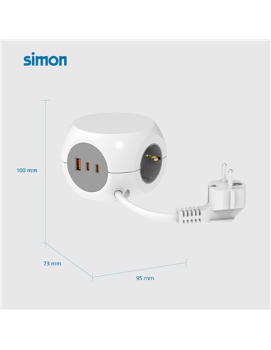 Base múltiple combiball con 3 tomas schuko 16 a + 1 usb a + 2 usb c, 30 w, blanca