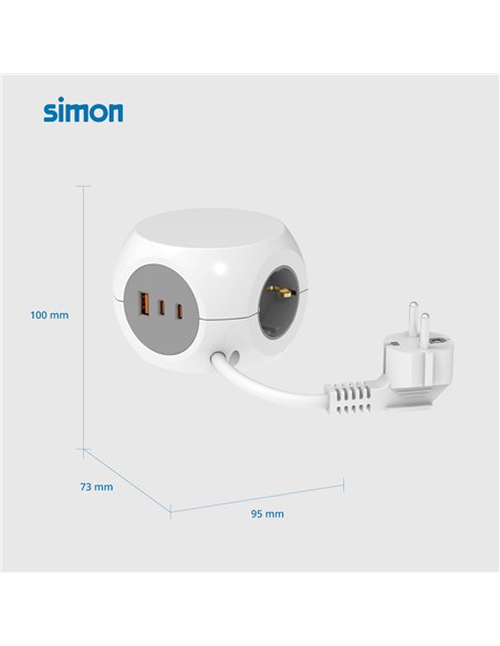 Base múltiple combiball con 3 tomas schuko 16 a + 1 usb a + 2 usb c, 30 w, blanca