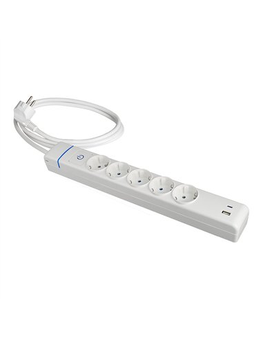Base múltiple, 5 tomas 2p+t, con interruptor + 2 usb, 1,5 m cable h05vv-f 3g1,5 mm², 16a 250v~, blanca