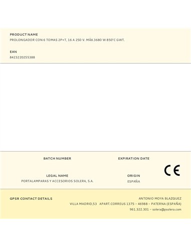 Base múltiple, 6 tomas 2p+t, con interruptor + protector, 1,5 m cable h05vv-f 3g1,5 mm², 16a 250v~, blanca