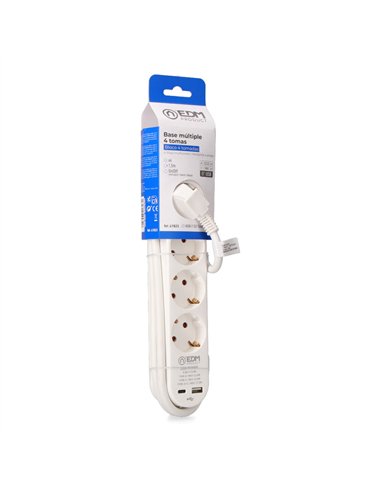 Base múltiple 4 tomas schuko, interruptor, 2 usb a + c, 1,5m de cable h05vv-f, 3g1,5 mm², 16a 250v~, blanca