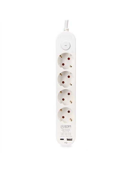 Base múltiple 4 tomas schuko, interruptor, 2 usb a + c, 1,5m de cable h05vv-f, 3g1,5 mm², 16a 250v~, blanca