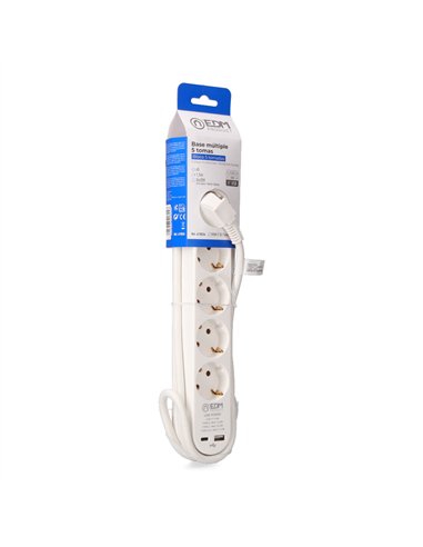 Base múltiple 5 tomas schuko, interruptor, 2 usb a + c, 1,5m de cable h05vv-f, 3g1,5 mm², 16a 250v~, blanca