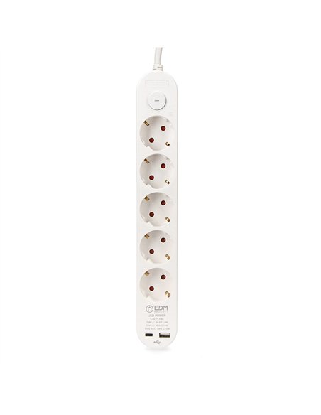 Base múltiple 5 tomas schuko, interruptor, 2 usb a + c, 1,5m de cable h05vv-f, 3g1,5 mm², 16a 250v~, blanca