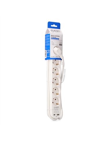 Base múltiple 6 tomas schuko, interruptor, 2 usb a + c, 1,5m de cable h05vv-f, 3g1,5 mm², 16a 250v~, blanca