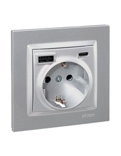 Base enchufe schuko + usb a + c 10,5 w 16 a 250 v~, simon 10, aluminio 2