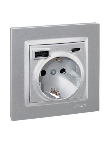 Base enchufe schuko + usb a + c 10,5 w 16 a 250 v~, simon 10, aluminio