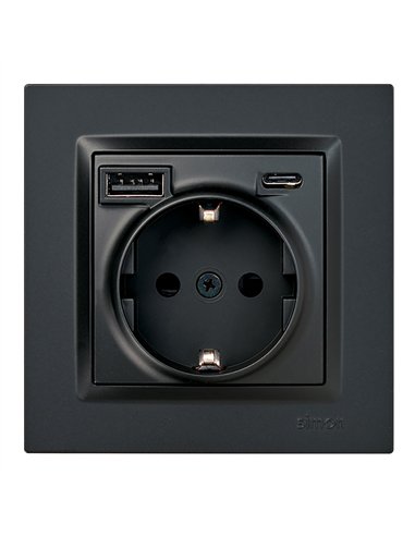 Base enchufe schuko + usb a + c 10,5 w 16 a 250 v~, simon 10, negro