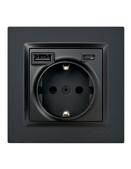 Base enchufe schuko + usb a + c 10,5 w 16 a 250 v~, simon 10, negro