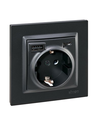 Base enchufe schuko + usb a + c 10,5 w 16 a 250 v~, simon 10, negro